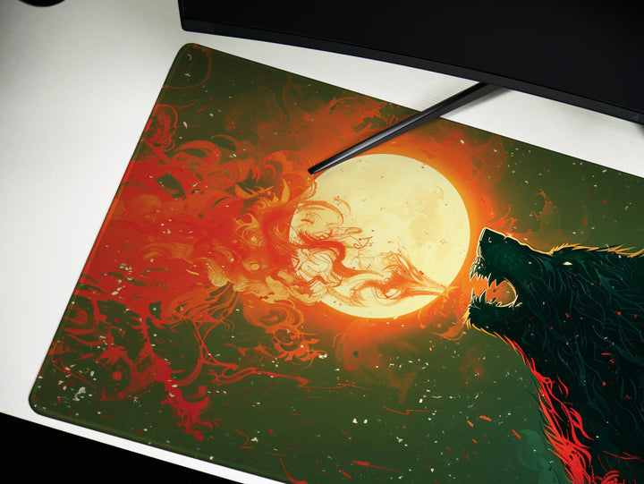 Lunar Howl Design 1, Desk Pad, Wide Mouse Mat, Fiery Night Beast, Mystical Moonlit Sky, Artistic Inferno
