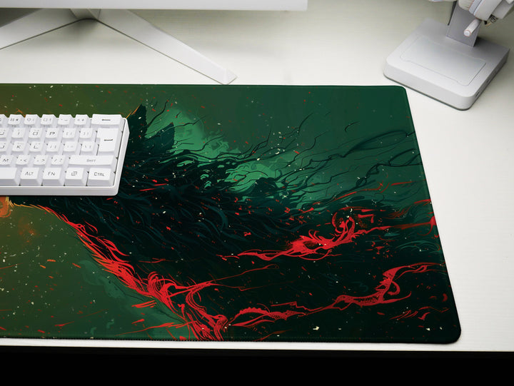 Lunar Howl Design 1, Desk Pad, Wide Mouse Mat, Fiery Night Beast, Mystical Moonlit Sky, Artistic Inferno