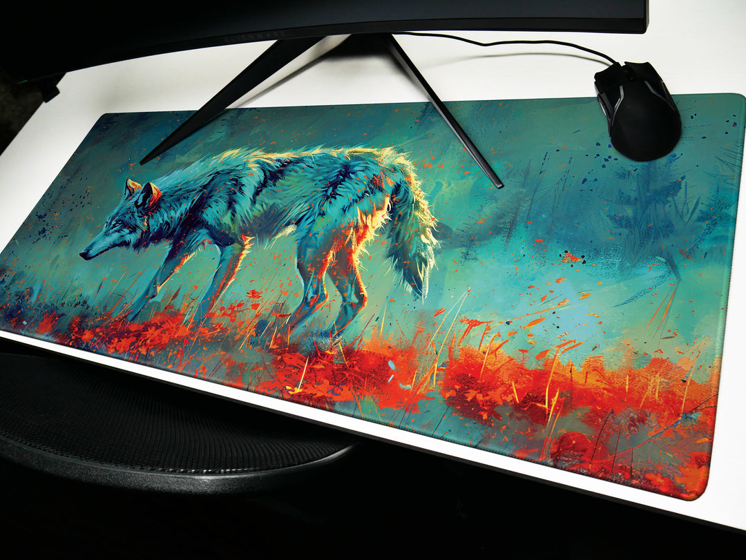 Lunar Howl Design 2, Desk Pad, Commanding Canine Fury, Wild Brushstrokes, Dynamic Energy Splash