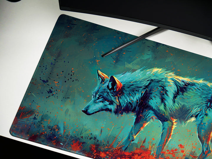 Lunar Howl Design 2, Desk Pad, Commanding Canine Fury, Wild Brushstrokes, Dynamic Energy Splash