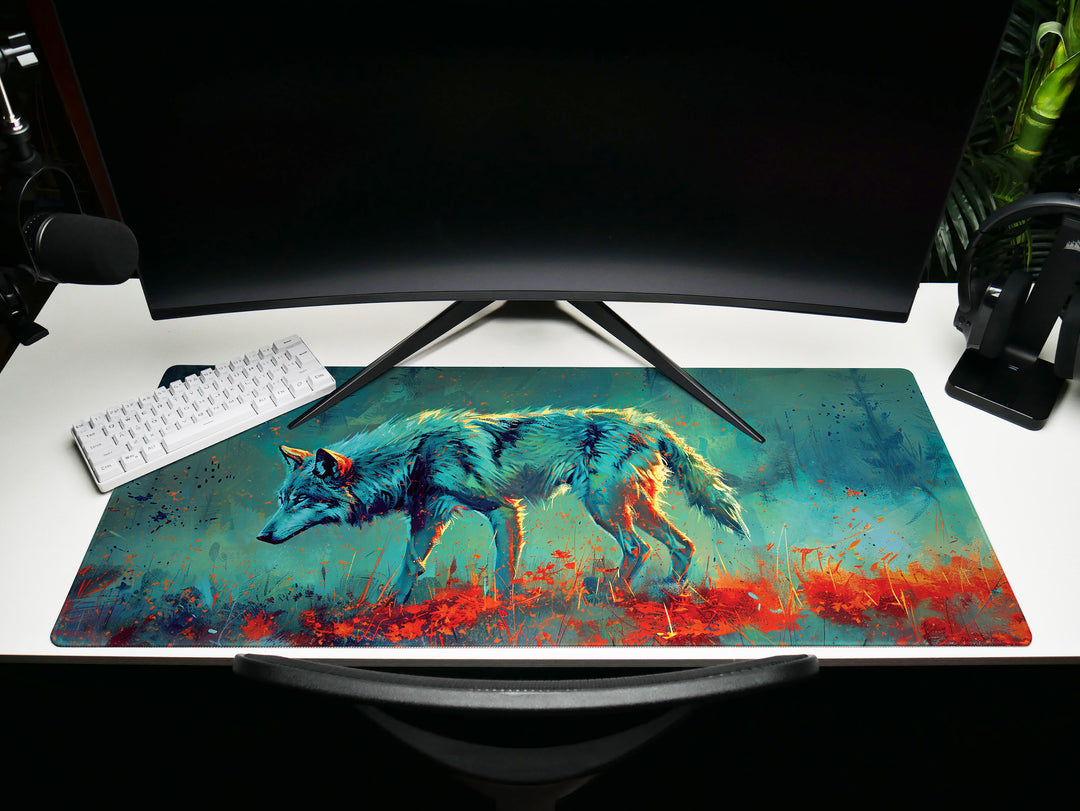 Lunar Howl Design 2, Desk Pad, Commanding Canine Fury, Wild Brushstrokes, Dynamic Energy Splash