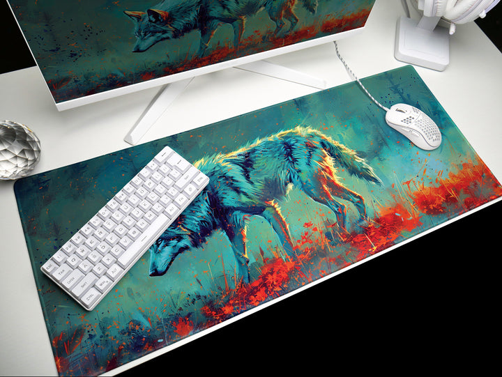 Lunar Howl Design 2, Desk Pad, Commanding Canine Fury, Wild Brushstrokes, Dynamic Energy Splash