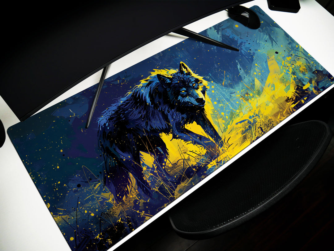 Lunar Howl Design 3, Desk Pad, Celestial Canine Serenade, Neon Night Howler, Enigmatic Purple Essence
