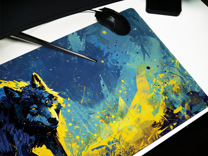 Lunar Howl Design 3, Desk Pad, Celestial Canine Serenade, Neon Night Howler, Enigmatic Purple Essence
