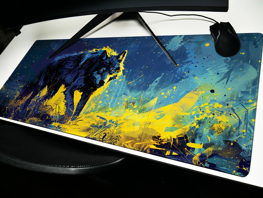 Lunar Howl Design 3, Desk Pad, Celestial Canine Serenade, Neon Night Howler, Enigmatic Purple Essence