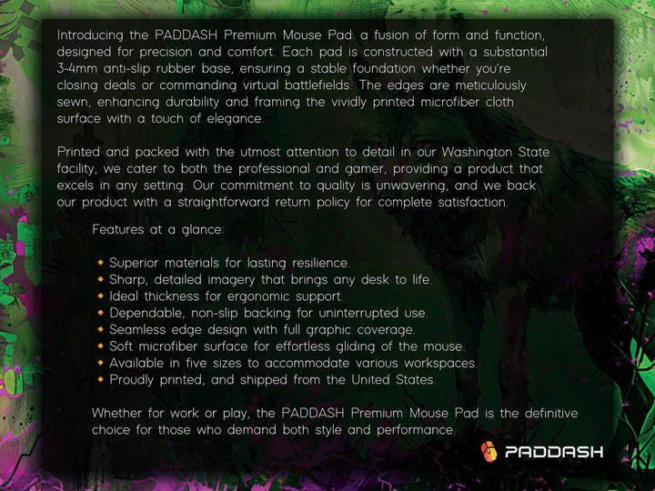Lunar Howl Design 4, Desk Pad, Emerald Enigma, Nature's Guardian, Vivid Wilderness Vista
