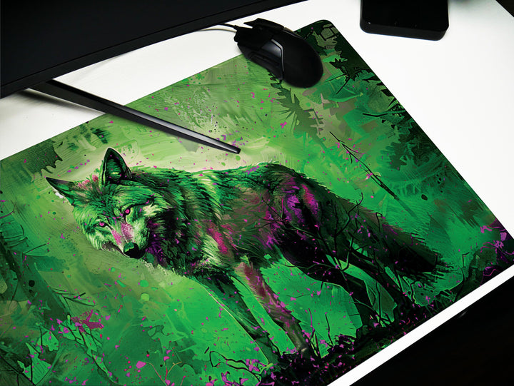 Lunar Howl Design 4, Desk Pad, Emerald Enigma, Nature's Guardian, Vivid Wilderness Vista