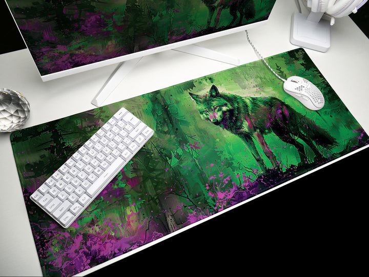 Lunar Howl Design 4, Desk Pad, Emerald Enigma, Nature's Guardian, Vivid Wilderness Vista