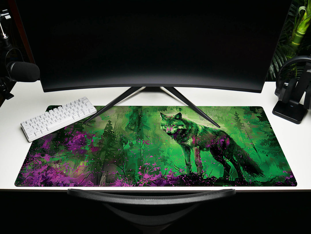 Lunar Howl Design 4, Desk Pad, Emerald Enigma, Nature's Guardian, Vivid Wilderness Vista