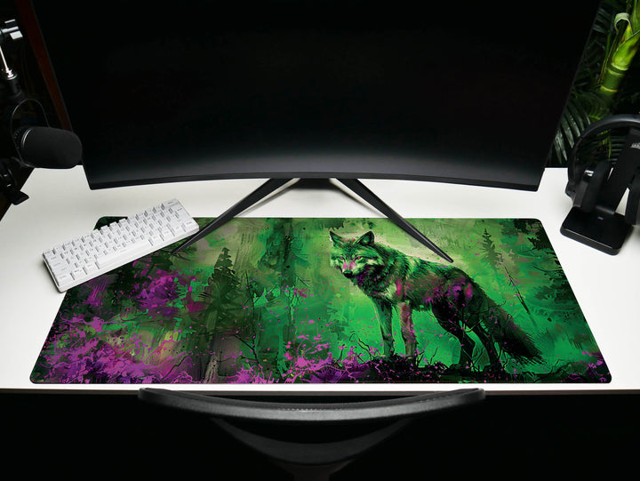 Lunar Howl Design 4, Desk Pad, Emerald Enigma, Nature's Guardian, Vivid Wilderness Vista