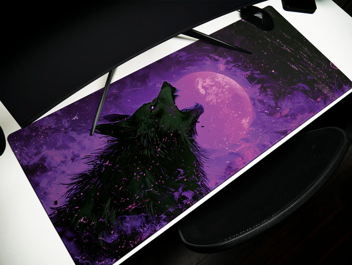 Lunar Howl Design 5, Desk Pad, Sapphire Stalker, Starry Wilderness, Electric Yellow Essence