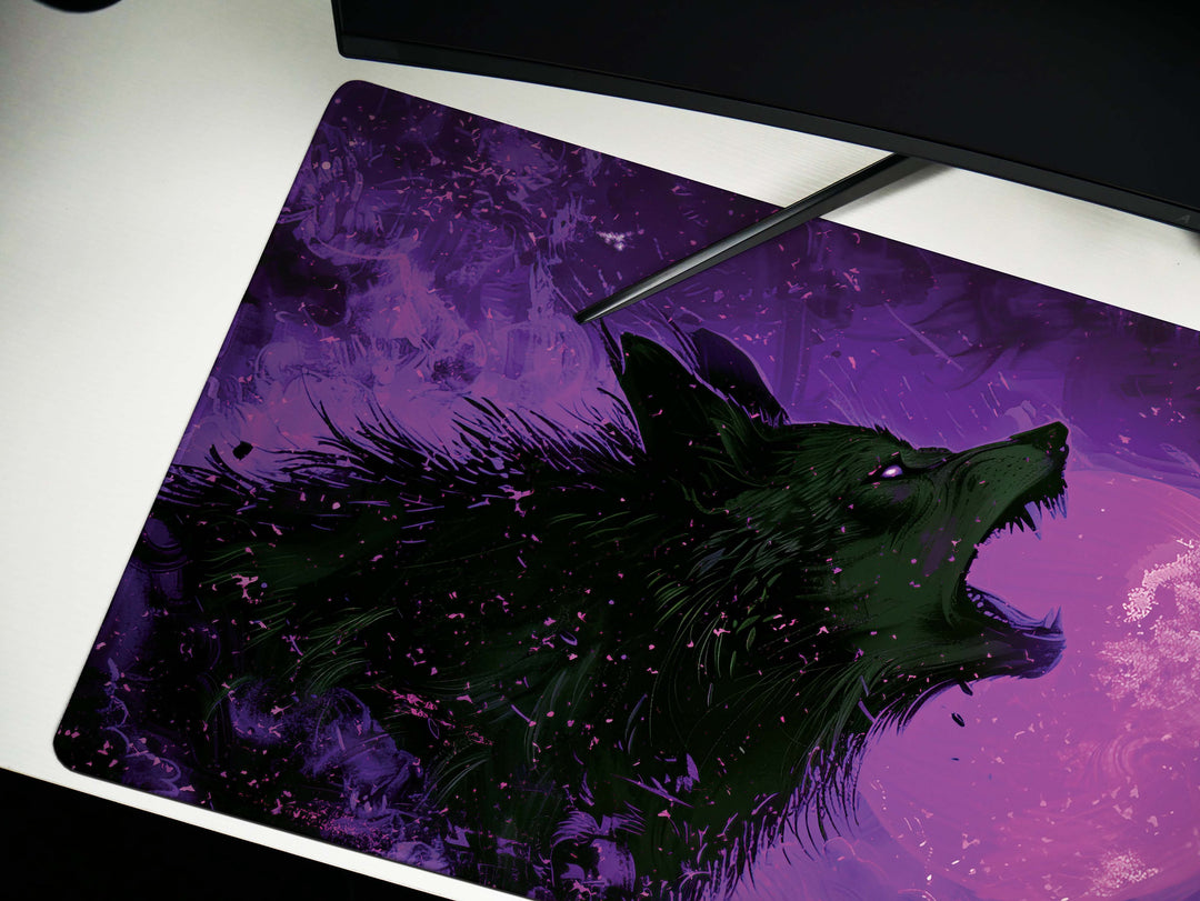 Lunar Howl Design 5, Desk Pad, Sapphire Stalker, Starry Wilderness, Electric Yellow Essence