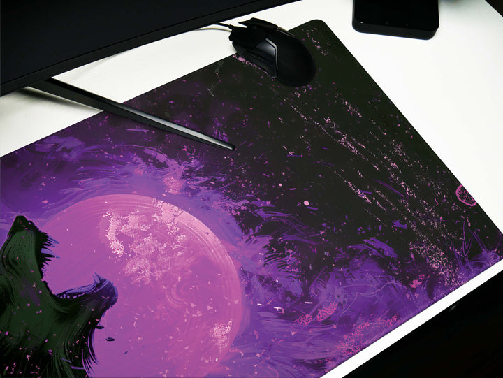 Lunar Howl Design 5, Desk Pad, Sapphire Stalker, Starry Wilderness, Electric Yellow Essence