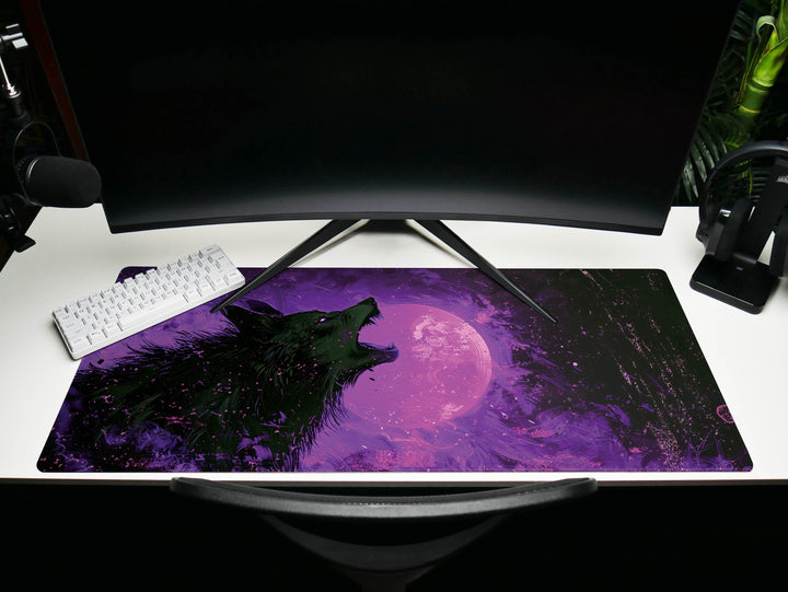 Lunar Howl Design 5, Desk Pad, Sapphire Stalker, Starry Wilderness, Electric Yellow Essence