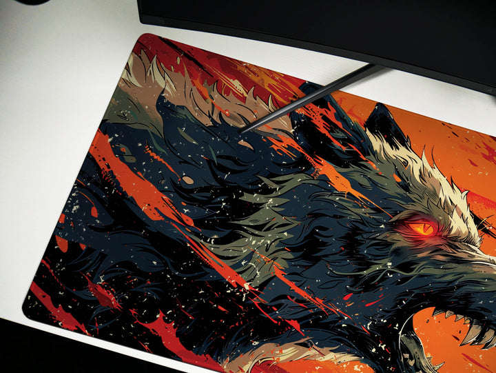 Lunar Howl Design 6, Desk Pad, Artic Echo, Frosty Foliage Fantasy, Crimson Dawn Contrast