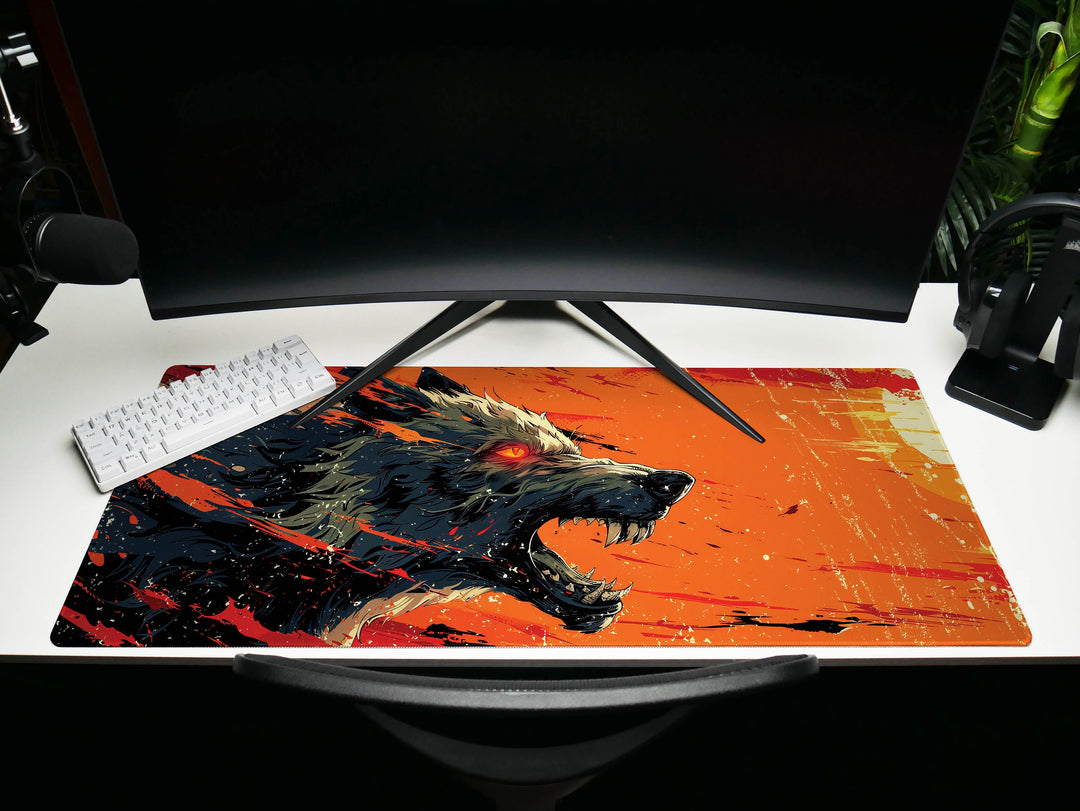 Lunar Howl Design 6, Desk Pad, Artic Echo, Frosty Foliage Fantasy, Crimson Dawn Contrast