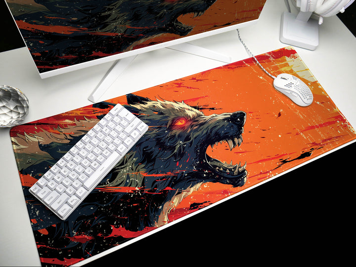 Lunar Howl Design 6, Desk Pad, Artic Echo, Frosty Foliage Fantasy, Crimson Dawn Contrast