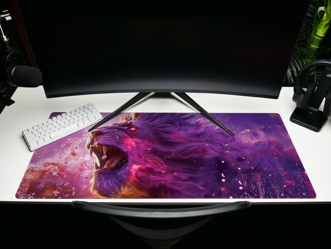 Majestic Roar Design 1, Desk Pad, Mouse Pad, Desk Mat, Ethereal Purple Essence, Fierce Creature Art