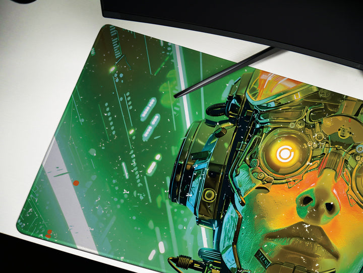 Cybernetic Vision Design 1, Desk Pad, Futuristic Tech, Dynamic Cyborg, Neon Green Overload, Wide Format, Gaming Glory