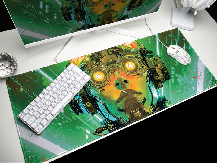 Cybernetic Vision Design 1, Desk Pad, Futuristic Tech, Dynamic Cyborg, Neon Green Overload, Wide Format, Gaming Glory