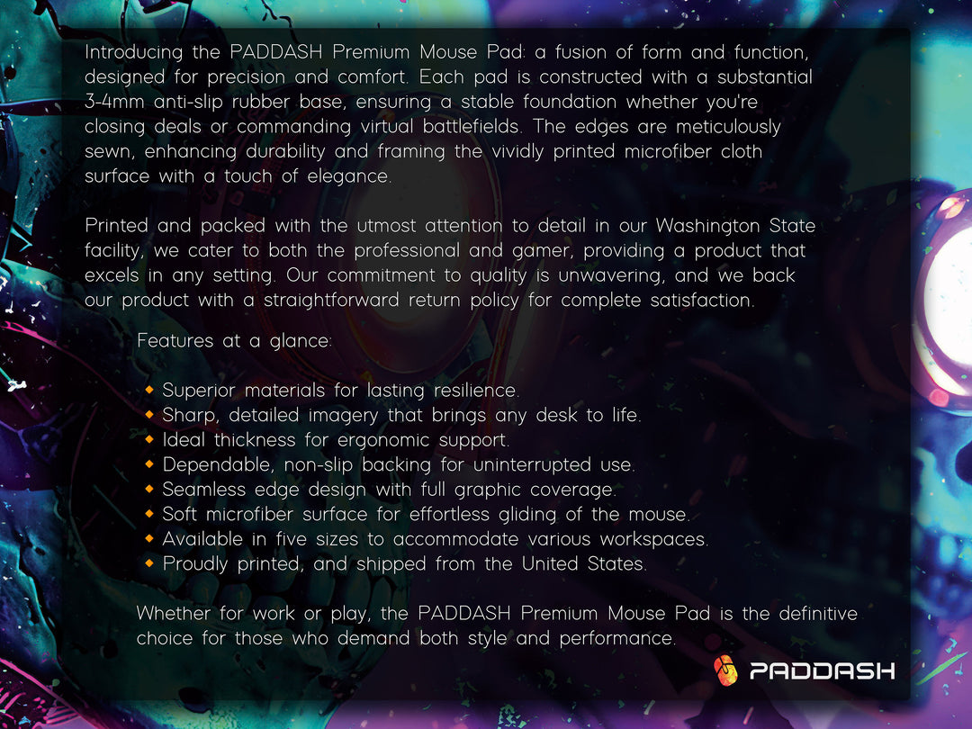 Cybernetic Vision Design 3, Desk Pad, Skull Symphony, Neon Dreamscape, Vibrant Surrealism, Wide Format, Techno-Spectral