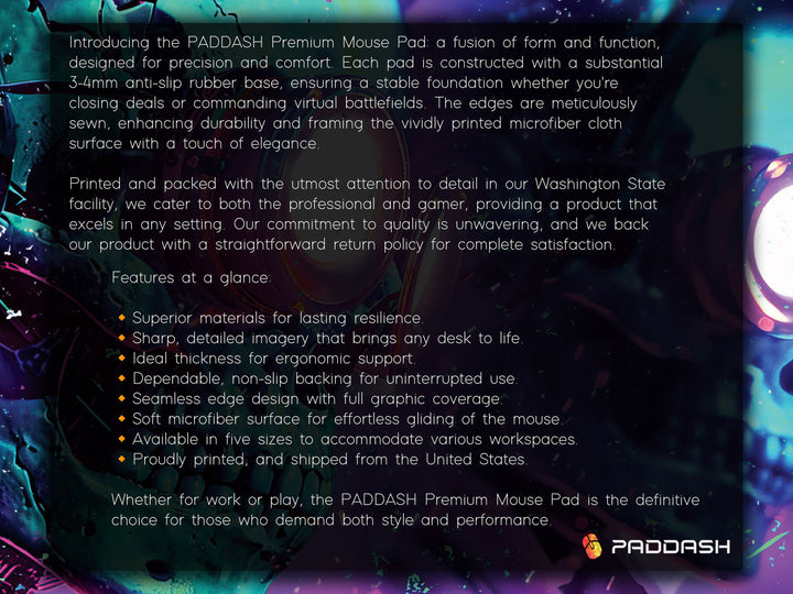 Cybernetic Vision Design 3, Desk Pad, Skull Symphony, Neon Dreamscape, Vibrant Surrealism, Wide Format, Techno-Spectral