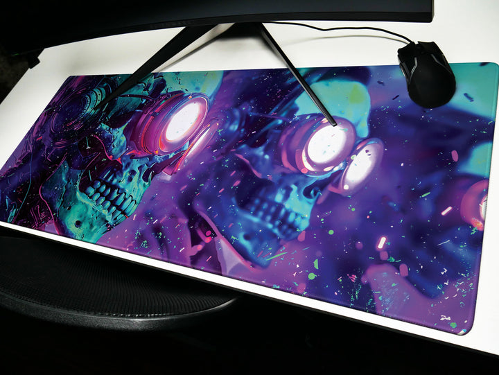 Cybernetic Vision Design 3, Desk Pad, Skull Symphony, Neon Dreamscape, Vibrant Surrealism, Wide Format, Techno-Spectral