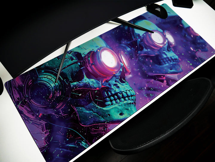 Cybernetic Vision Design 3, Desk Pad, Skull Symphony, Neon Dreamscape, Vibrant Surrealism, Wide Format, Techno-Spectral