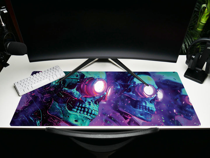 Cybernetic Vision Design 3, Desk Pad, Skull Symphony, Neon Dreamscape, Vibrant Surrealism, Wide Format, Techno-Spectral