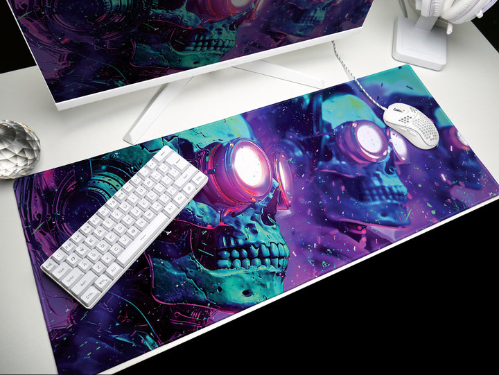 Cybernetic Vision Design 3, Desk Pad, Skull Symphony, Neon Dreamscape, Vibrant Surrealism, Wide Format, Techno-Spectral