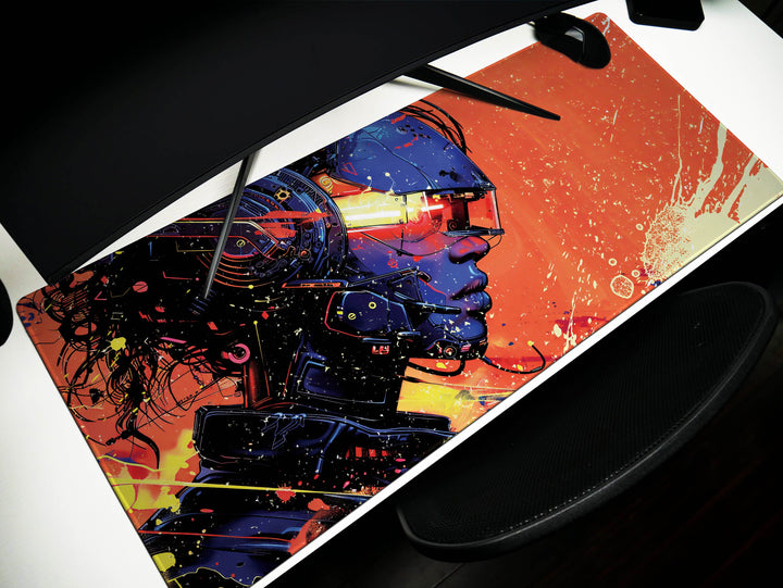 Cybernetic Vision Design 6, Desk Pad, Sunrise Sentinel, Cosmic Contemplation, Wide Format, Vivid Vanguard