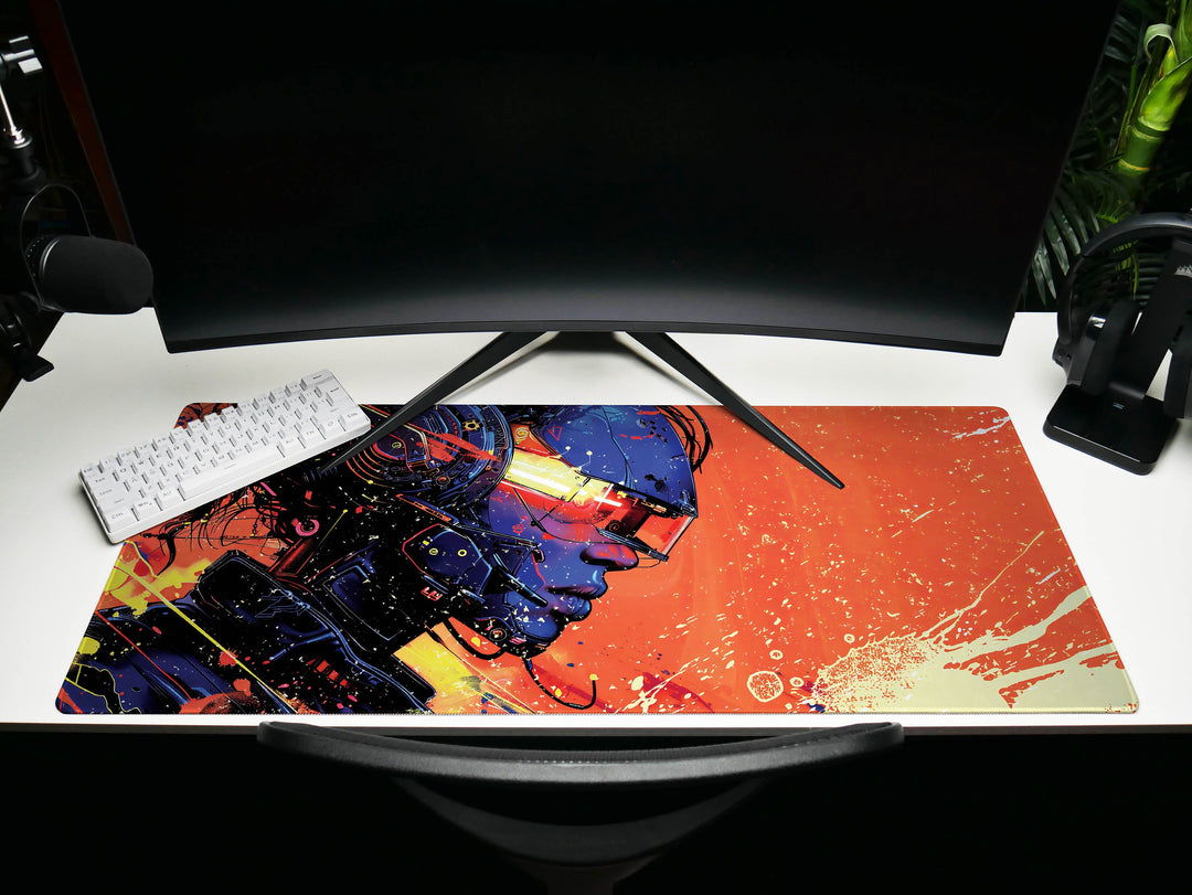 Cybernetic Vision Design 6, Desk Pad, Sunrise Sentinel, Cosmic Contemplation, Wide Format, Vivid Vanguard