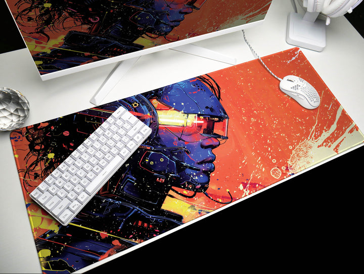 Cybernetic Vision Design 6, Desk Pad, Sunrise Sentinel, Cosmic Contemplation, Wide Format, Vivid Vanguard
