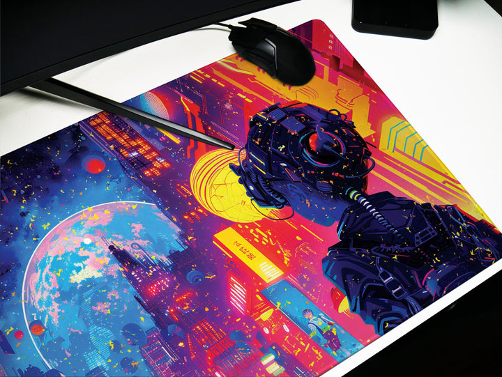 Cybernetic Vision Design 2, Desk Pad, Galactic Cityscape, Neon Metropolis, Cosmic Gaze, Wide Format, Stellar Ambiance