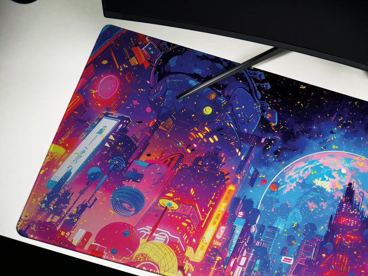 Cybernetic Vision Design 2, Desk Pad, Galactic Cityscape, Neon Metropolis, Cosmic Gaze, Wide Format, Stellar Ambiance