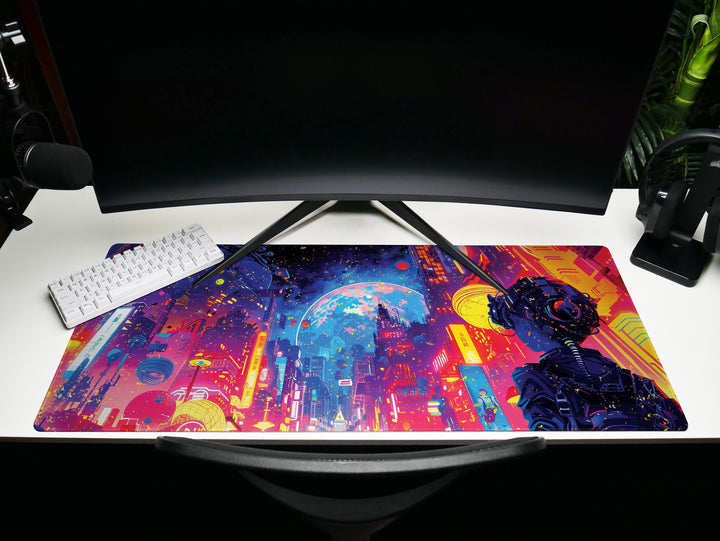Cybernetic Vision Design 2, Desk Pad, Galactic Cityscape, Neon Metropolis, Cosmic Gaze, Wide Format, Stellar Ambiance