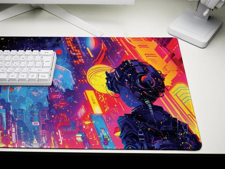 Cybernetic Vision Design 2, Desk Pad, Galactic Cityscape, Neon Metropolis, Cosmic Gaze, Wide Format, Stellar Ambiance