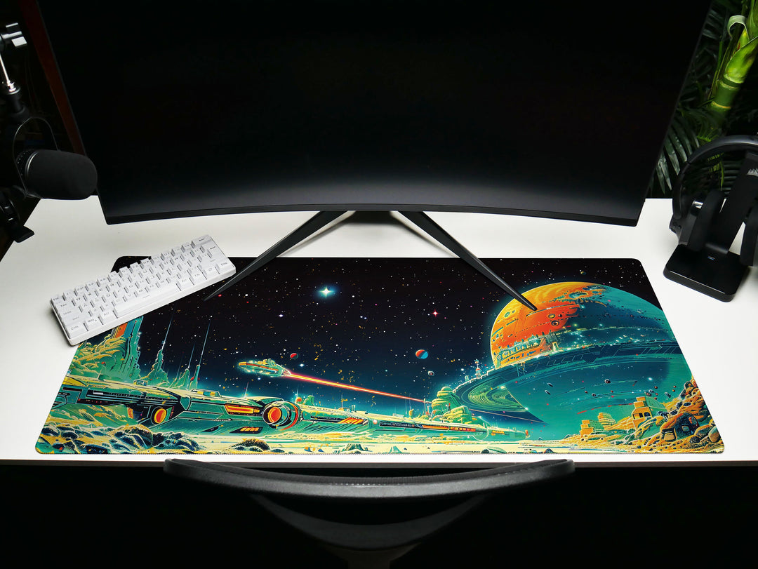 Astral Vantage Design 2, Desk Pad, Mouse Pad, Desk Mat, Starlit Spaceport, Cosmic Adventure
