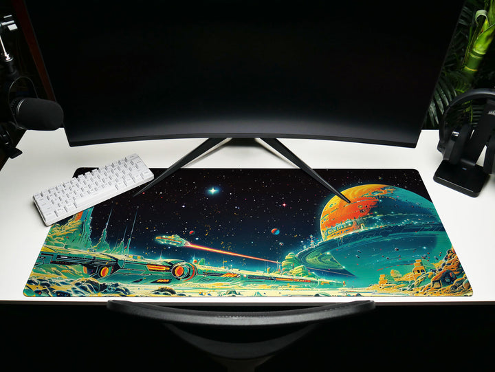 Astral Vantage Design 2, Desk Pad, Mouse Pad, Desk Mat, Starlit Spaceport, Cosmic Adventure