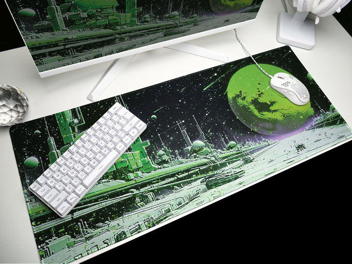 Astral Vantage Design 3, Desk Pad, Mouse Pad, Desk Mat, Verdant Planetary Outpost, Celestial Serenity