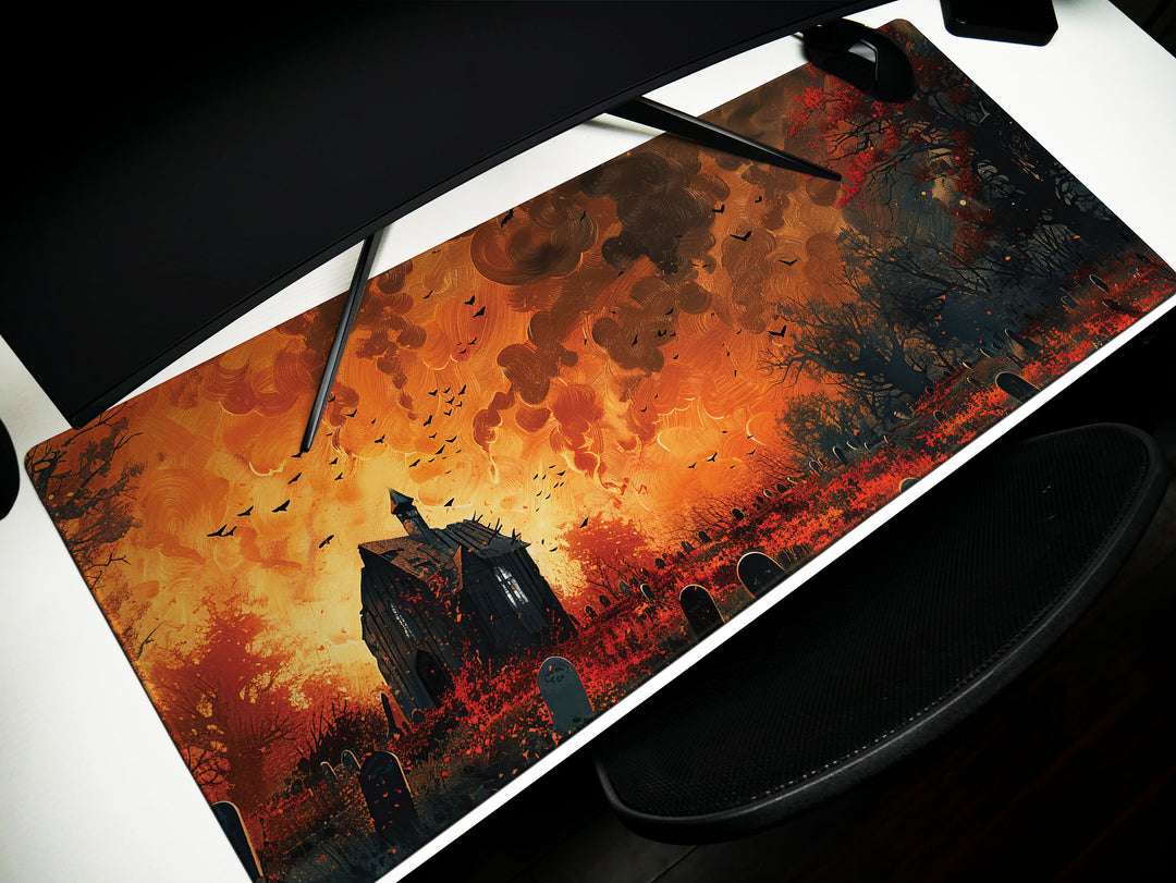 Sanguine Dusk Design 1, Desk Pad, Mouse Pad, Desk Mat, Eerie Churchyard, Autumn Blaze