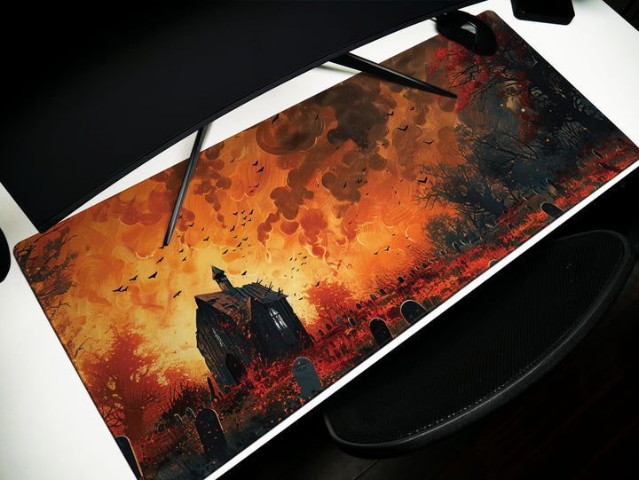 Sanguine Dusk Design 1, Desk Pad, Mouse Pad, Desk Mat, Eerie Churchyard, Autumn Blaze