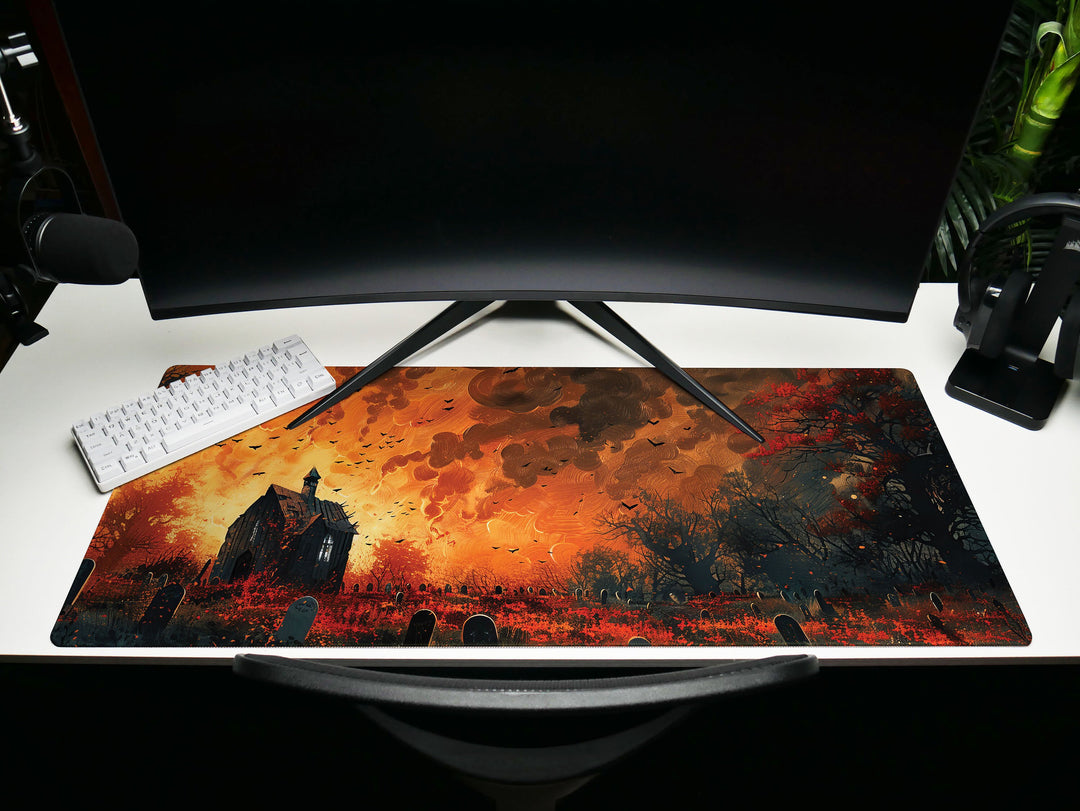Sanguine Dusk Design 1, Desk Pad, Mouse Pad, Desk Mat, Eerie Churchyard, Autumn Blaze