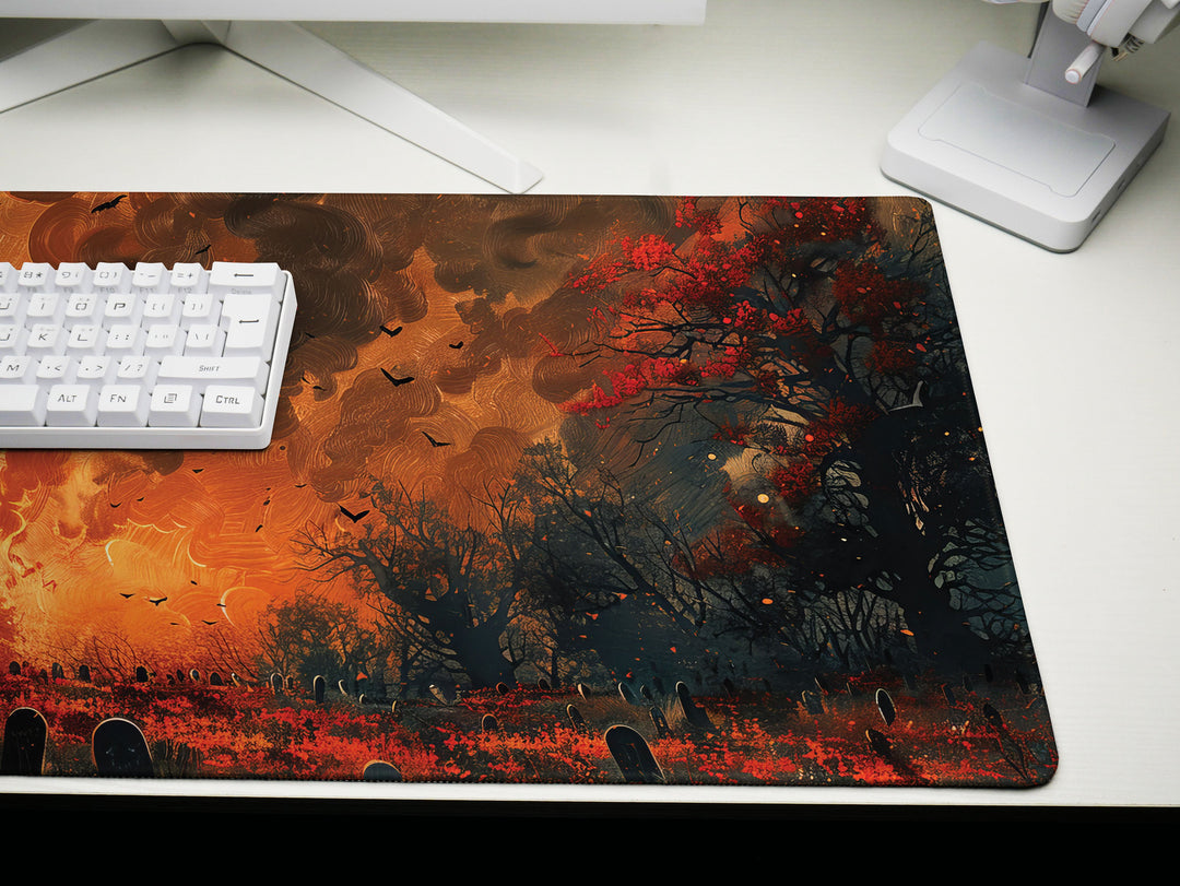 Sanguine Dusk Design 1, Desk Pad, Mouse Pad, Desk Mat, Eerie Churchyard, Autumn Blaze