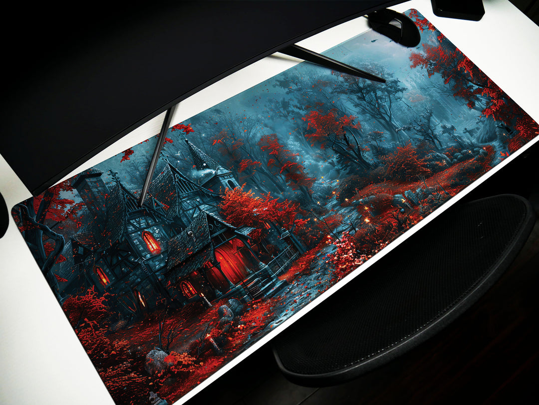 Sanguine Dusk Design 3, Desk Pad, Mouse Pad, Desk Mat, Crimson Enchantment, Forest Whispers