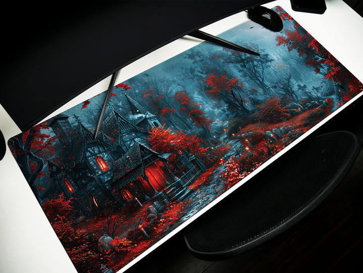 Sanguine Dusk Design 3, Desk Pad, Mouse Pad, Desk Mat, Crimson Enchantment, Forest Whispers