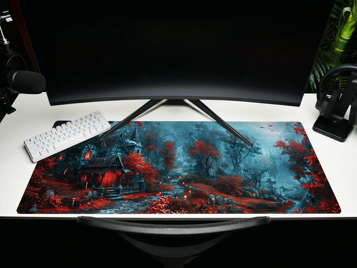 Sanguine Dusk Design 3, Desk Pad, Mouse Pad, Desk Mat, Crimson Enchantment, Forest Whispers