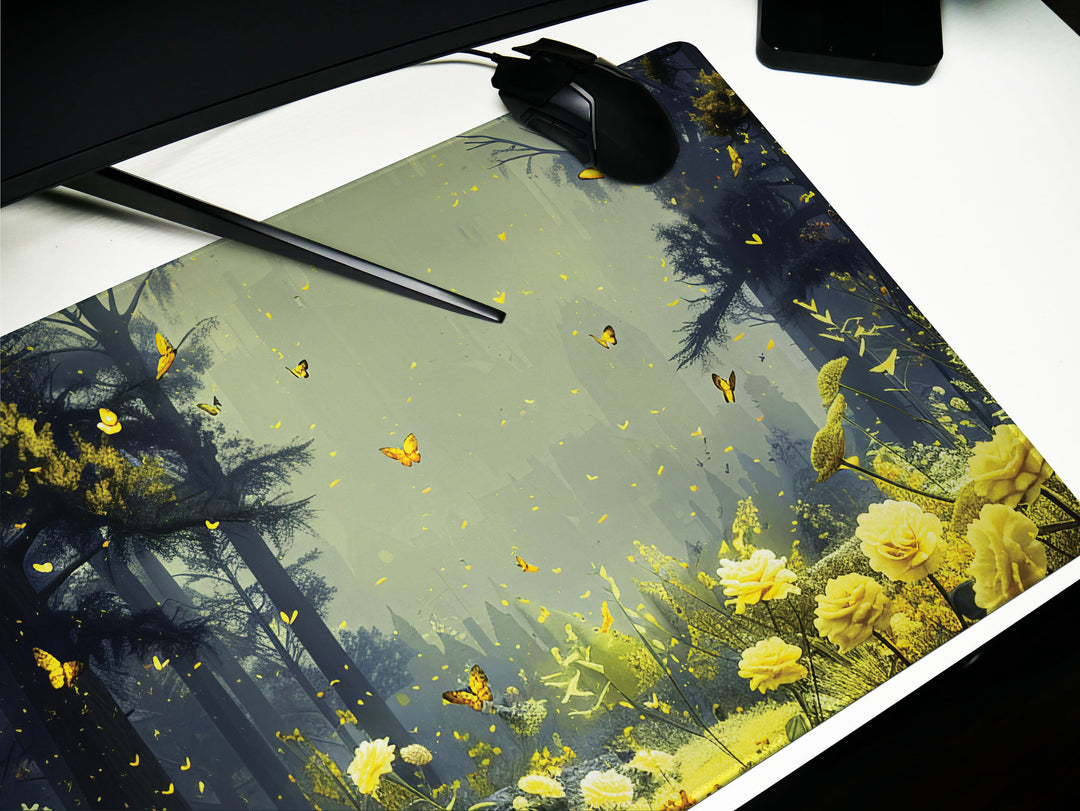 Floral Enchantment Design 3, Desk Pad, Luminous Woodland Majesty, Golden Blossom Glow, Artistic Workspace
