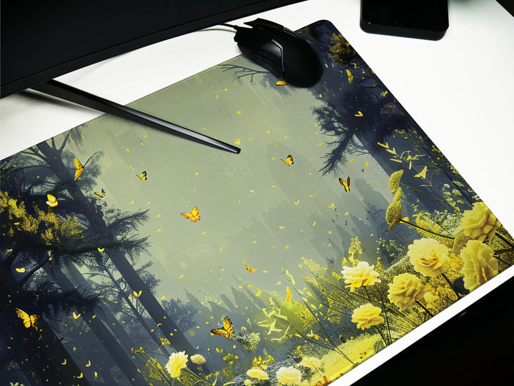 Floral Enchantment Design 3, Desk Pad, Luminous Woodland Majesty, Golden Blossom Glow, Artistic Workspace