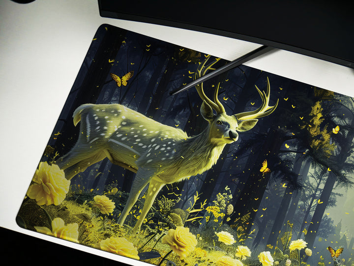 Floral Enchantment Design 3, Desk Pad, Luminous Woodland Majesty, Golden Blossom Glow, Artistic Workspace